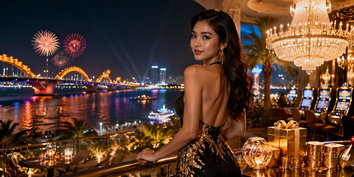 Người chơi tại bãi biển Đà Nẵng trải nghiệm slot game trên điện thoại trong ánh chiều tà