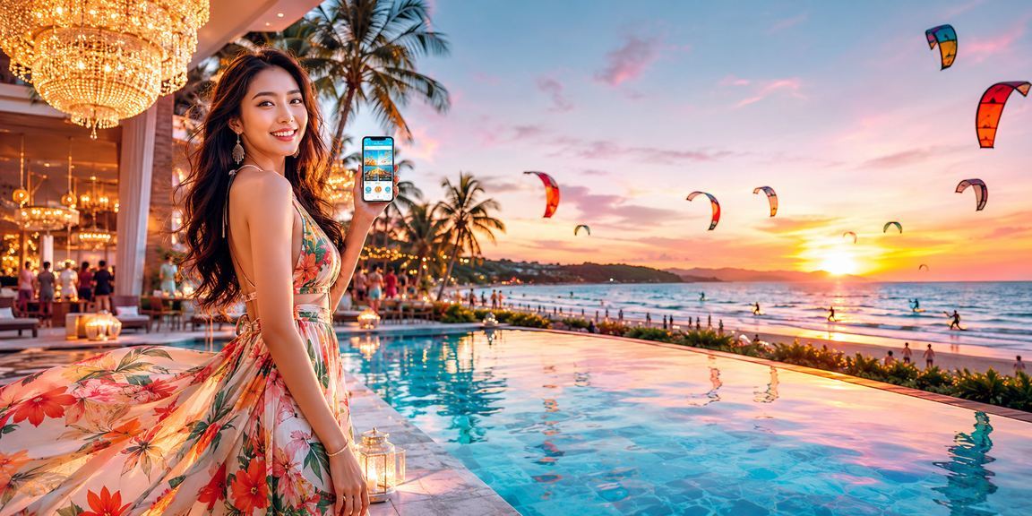 Không khí lễ hội tại Mũi Né với bảng hiệu khuyến mãi cashback và bonus rực rỡ sắc màu